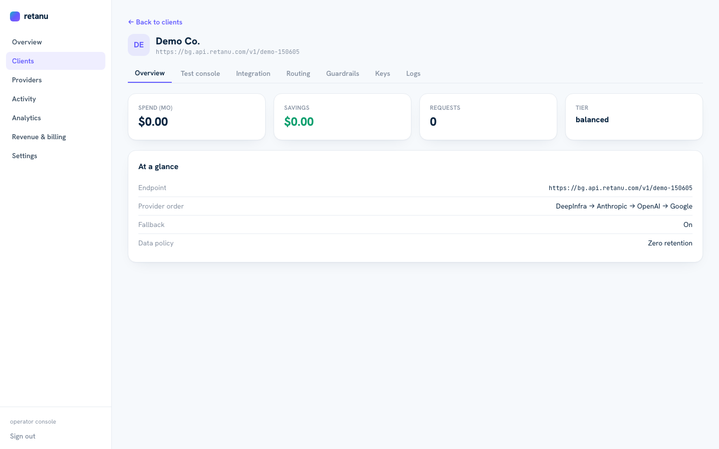 Retanu client detail page showing branded endpoint, provider routing order, and tier configuration