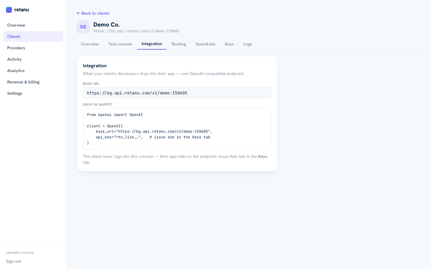 Retanu integration tab showing ready-to-use code snippets for client integration