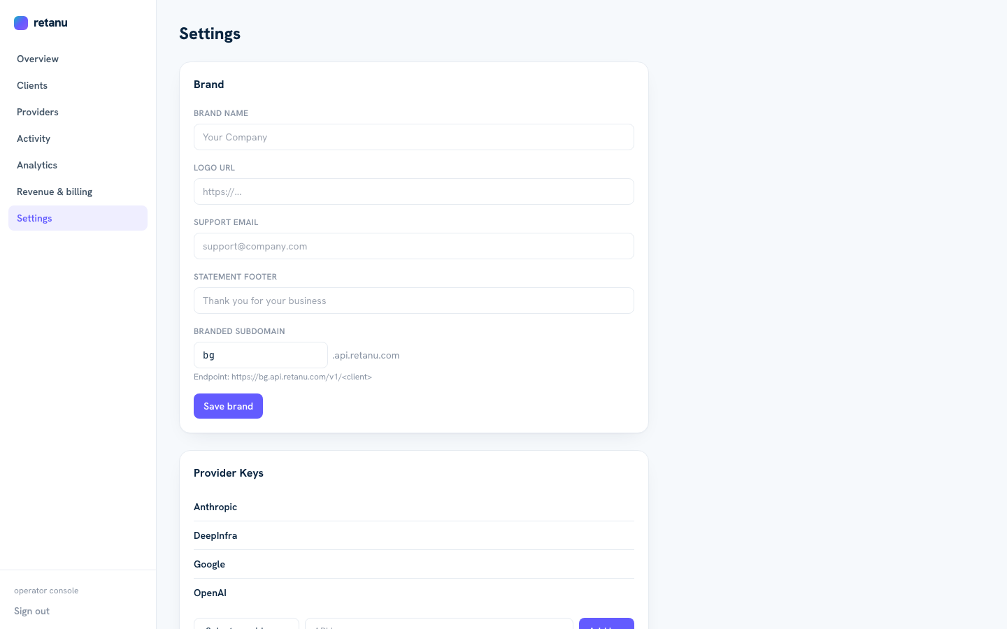 Retanu settings page showing branded subdomain configuration
