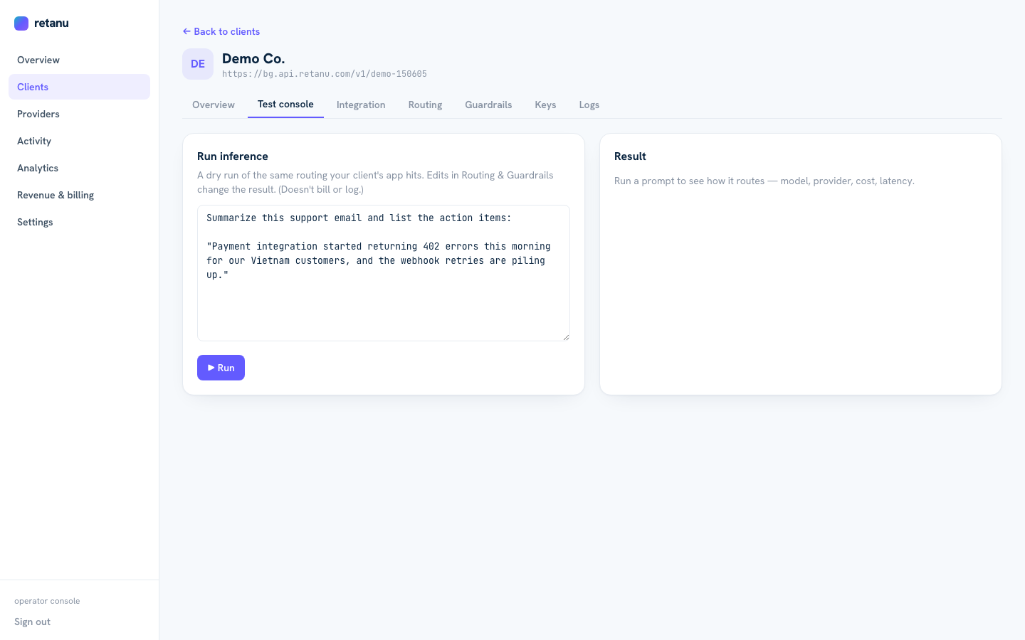 Retanu test console with prompt input and streaming response